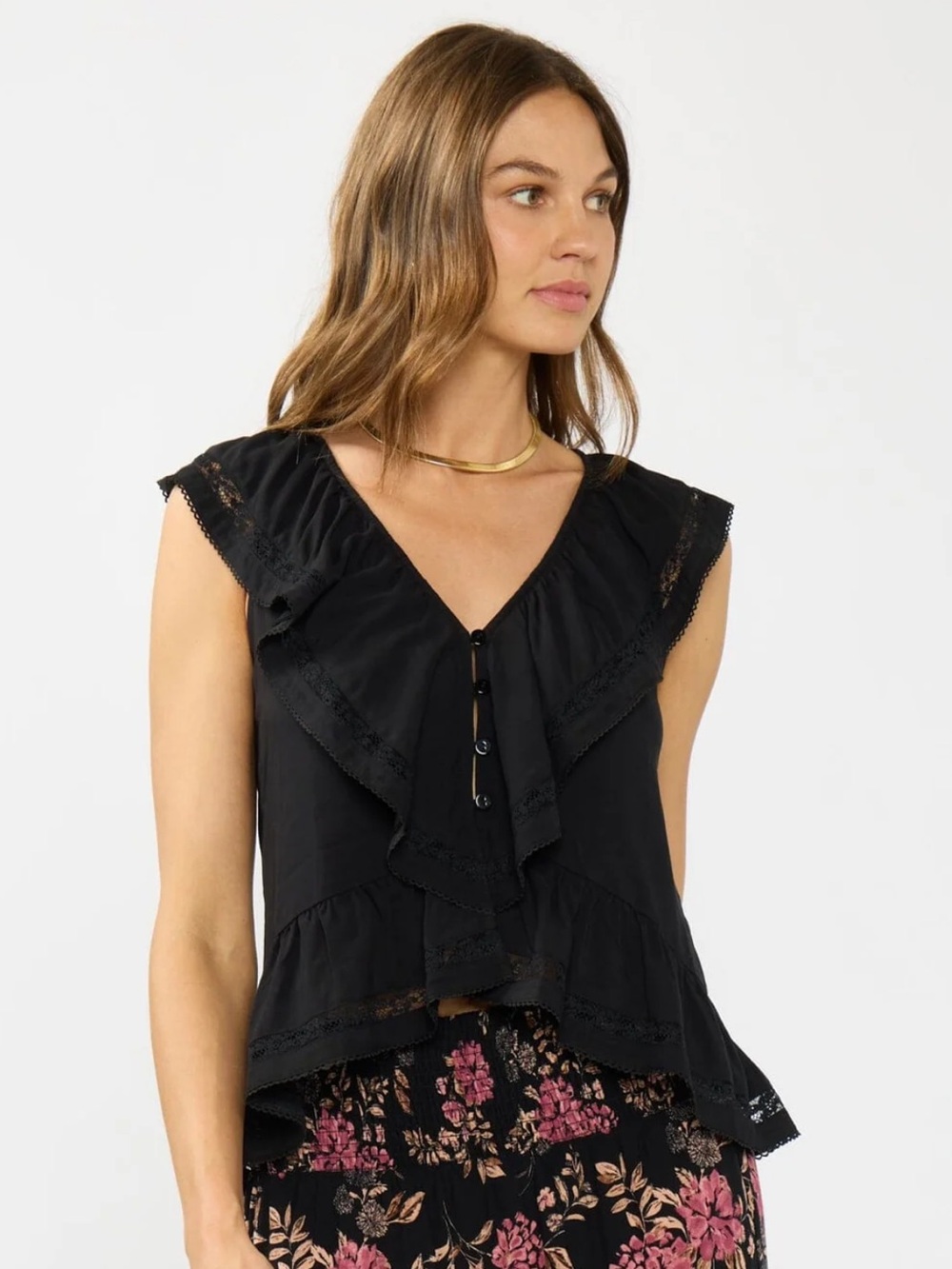 Lovestitch Black Ruffle Top with Lace Accents - Picture 2 of 3